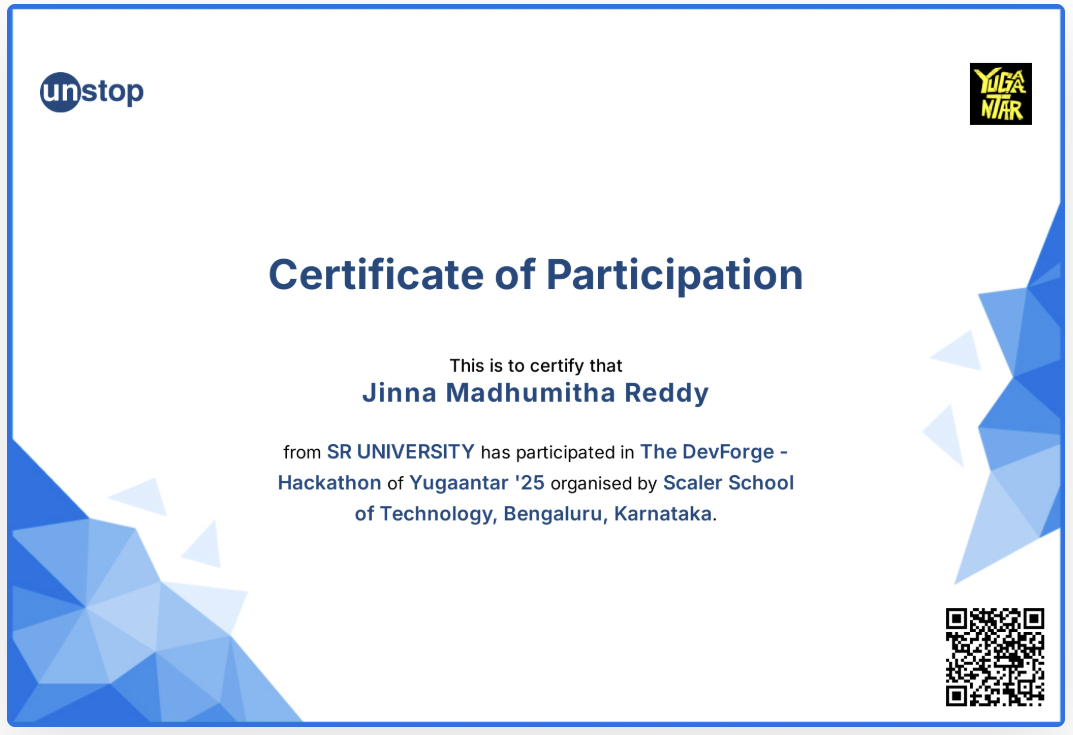 DevForge - Hackathon of Yugaantar 25 Certificate of Participation